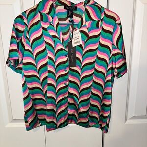 Rachel Zoe Satin Short Sleeve Button-Down Top in Pink, Teal, Green, Cream